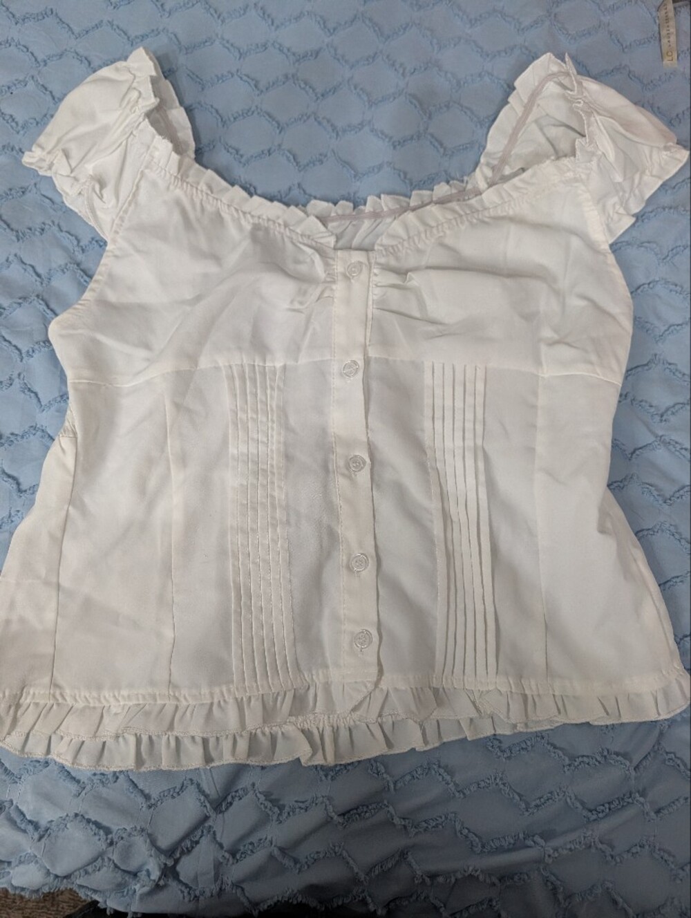 White Ruffle-Trim Button Front Women's Top